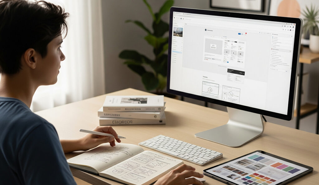 ホームページデザイン初心者の勉強中をイメージしたアイキャッチ画像