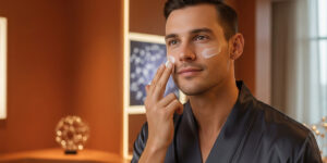 男性が肌を心配してケアしている様子のアイキャッチ画像